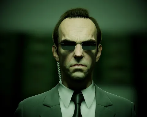 Agent Smith from The Matrix, in sunglasses and a dark suit