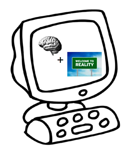 A drawing of a computer whose screen shows a brain plus a “Welcome to reality” sign