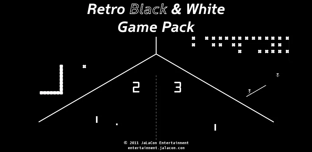 The feature graphic: “Retro Black & White Game Pack” above white line drawings of the three games on black