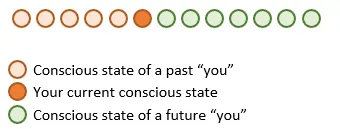 A row of circles: the conscious states of a past “you” in light orange, your current conscious state in dark orange, and the states of a future “you” in green