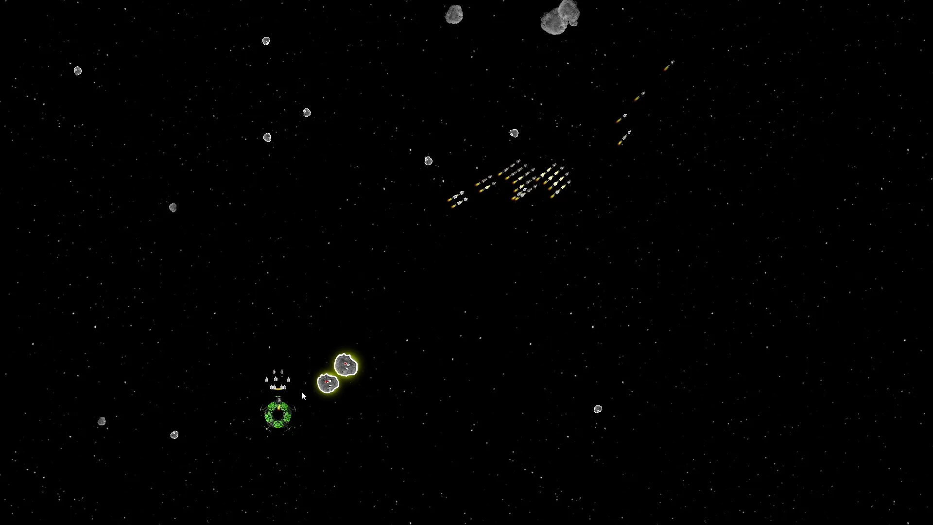 A group of ships crossing a dark starfield, with a green portal and meteors below