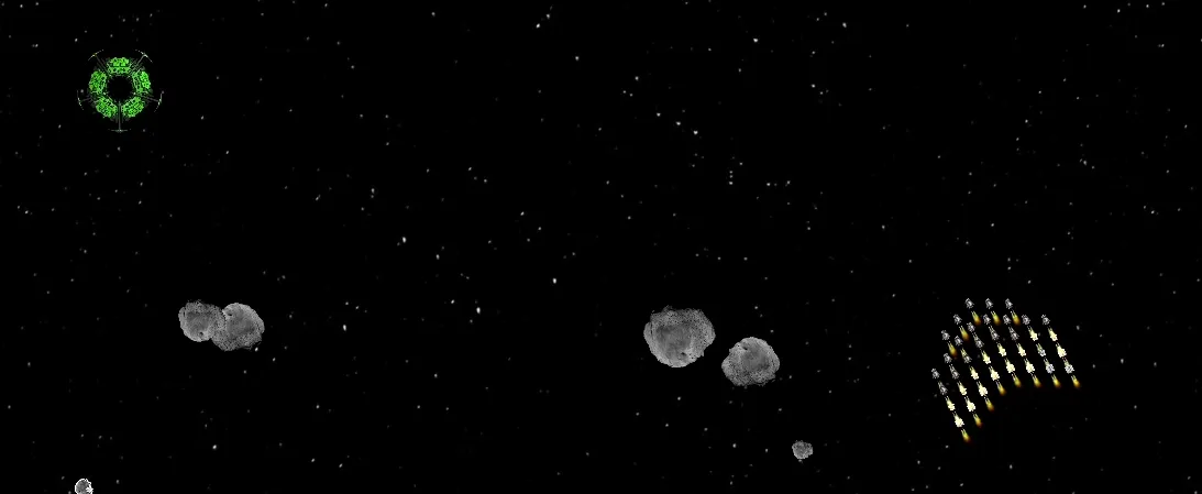A V-shaped formation of ships next to meteors, with a green portal on the left
