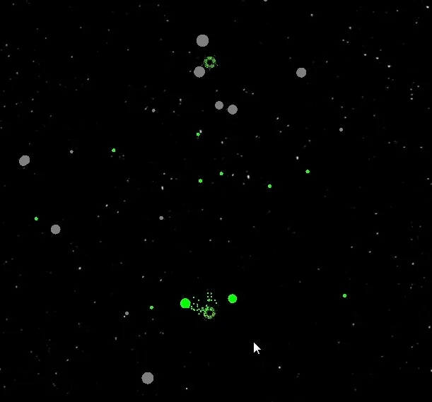 A zoomed-out view of the map: meteors and green units scattered over a starfield