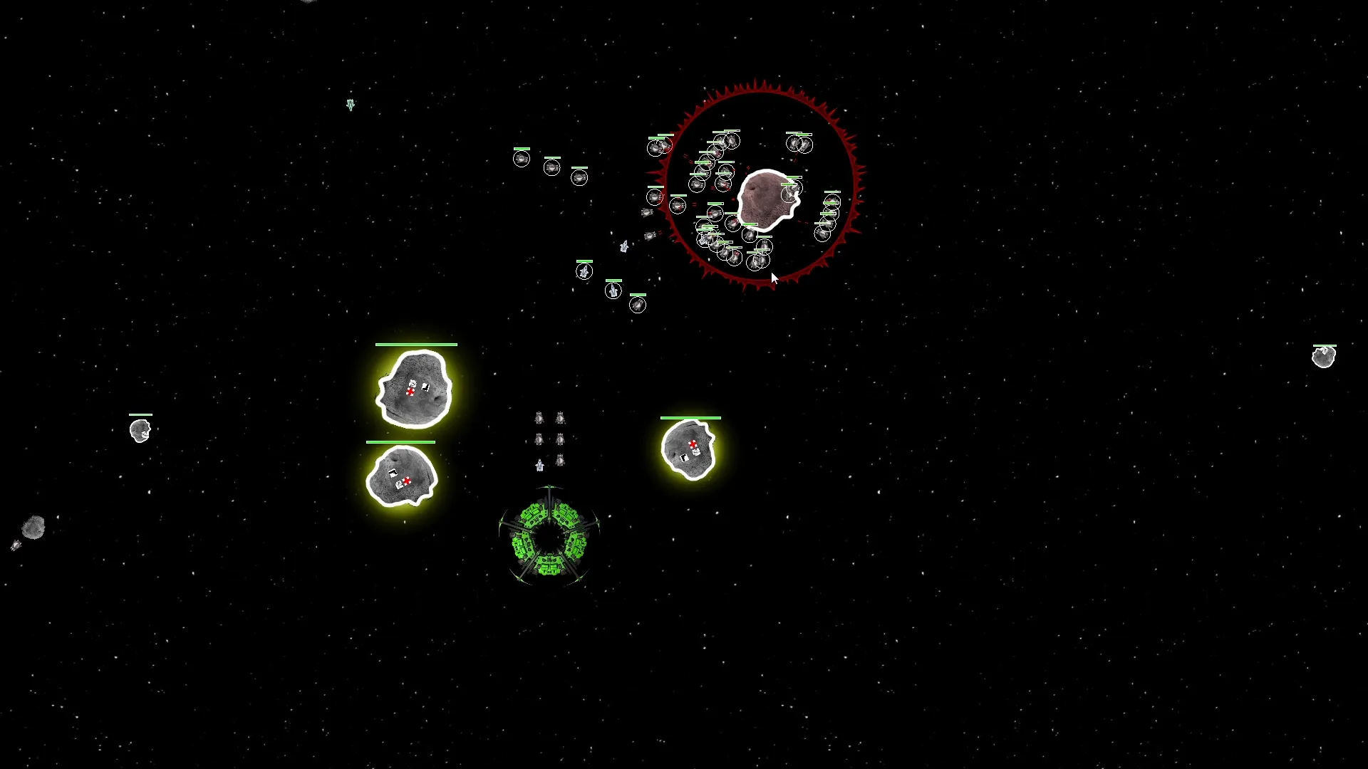 A fight around a meteor marked with a red circle, with ships and a green portal nearby