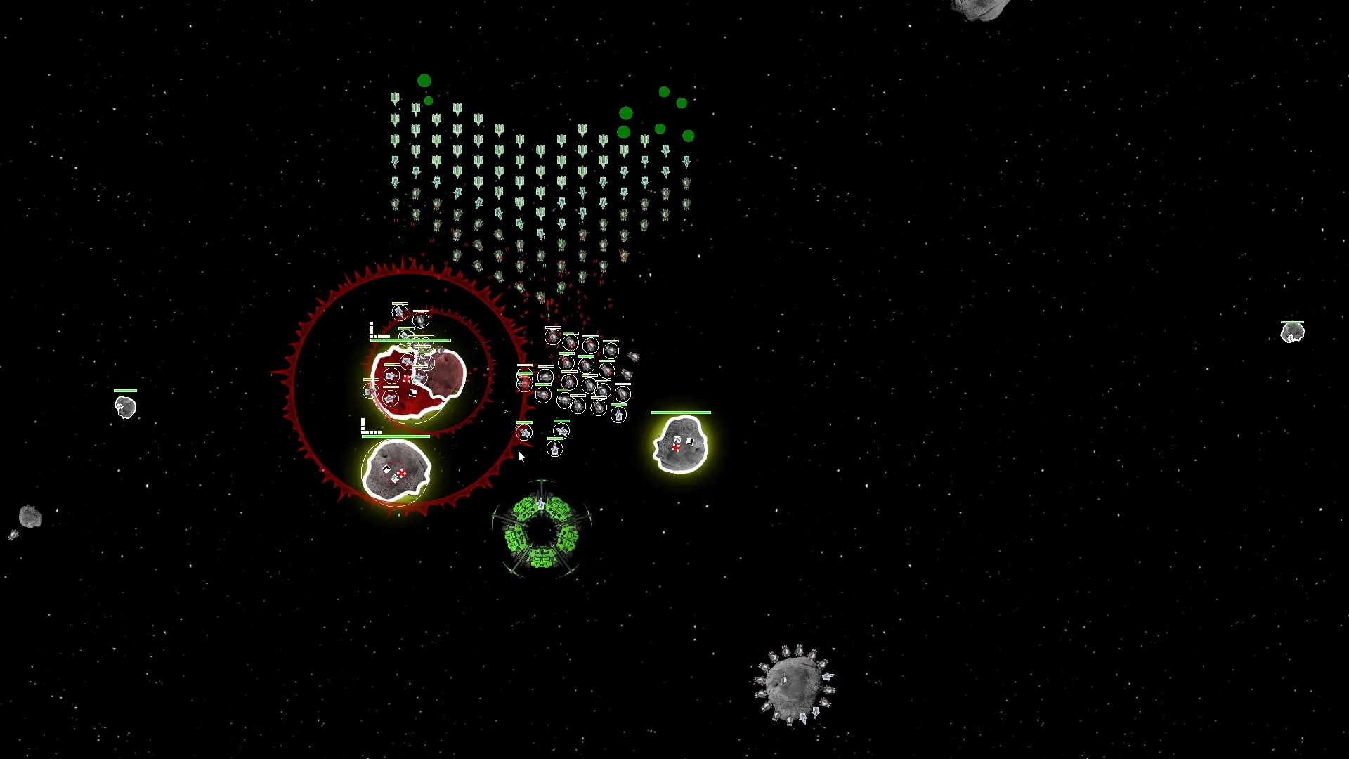 A large formation of ships attacking a meteor inside a red circle